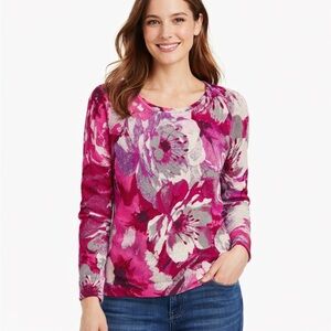 Talbots Women’s Small Pink Gray Floral Merino Wool Sweater Lightweight Crewneck